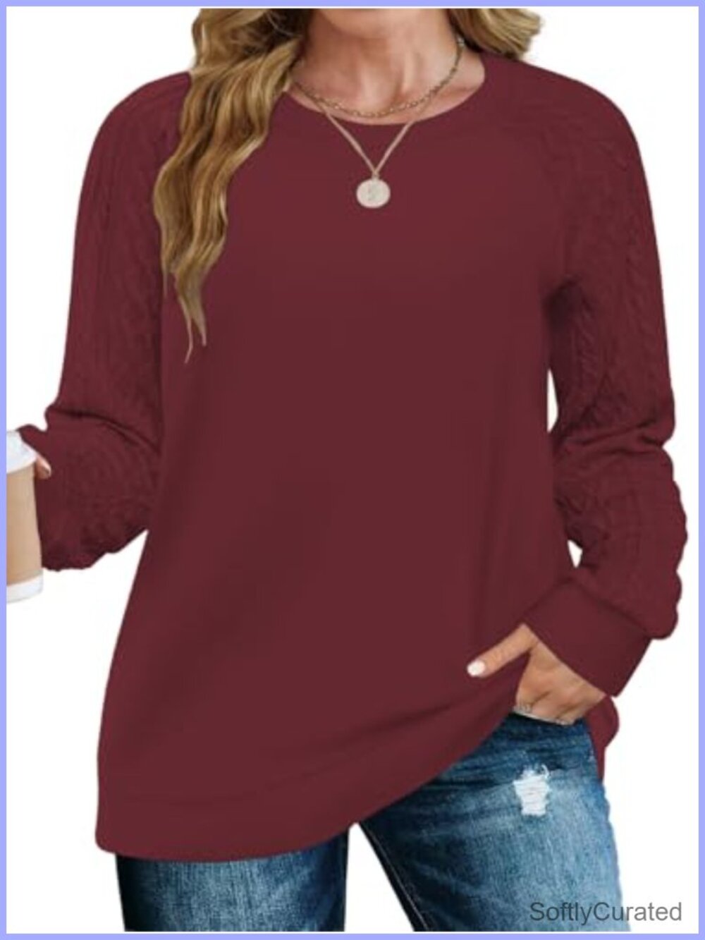 Womens Plus Size Cable Knit Raglan Sleeve Oversized Sweatshirt Tunic Top